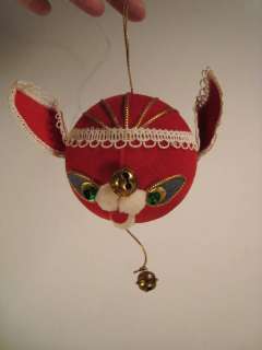 Vintage Red Flocked Christmas Ornament Cat Mouse Jingle  