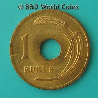 TURKEY 1948 1 KURUS 18mm Brass KM#881 DECIMAL COINAGE  