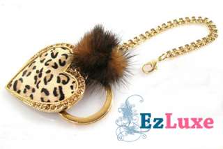 Leopard Heart Calfskin Mink Ball Key Chain Ring Kitson  