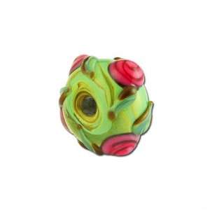  14mm Green Swirl with Pink Flowers Rondelle Lampwork Beads 