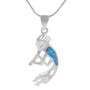   Sterling Silver Kokopelli with CZ and Blue Opal Necklace Jewelry