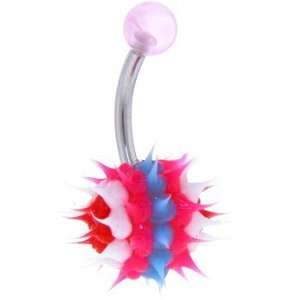  Red White Pink Blue Striped Koosh Ball Belly Ring Jewelry
