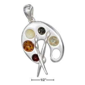 Sterling Silver Artist Palette Pendant With Amber Stones and Brushes 