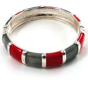  Red&Grey Segmental Enamel Hinged Bangle Bracelet (Silver 