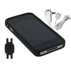  Black Silicone Skin Case + Wall Charger for Apple iPhone 4 