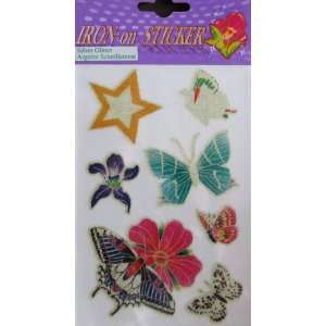  Iron on Sticker Silver Glitter Butterflys & Flowers Arts 