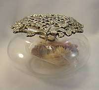 Potpourri bowl glass Silverplated lid hearts flowers  