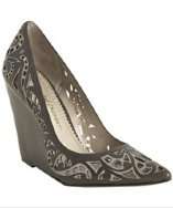style #314762501 hippo laser cut leather Penelope wedge pumps