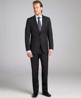 Prada black tonal stripe wool two button suit with flat front pants