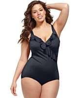 INC International Concepts Plus Size Swimsuit, Ruffle Front Solid One 