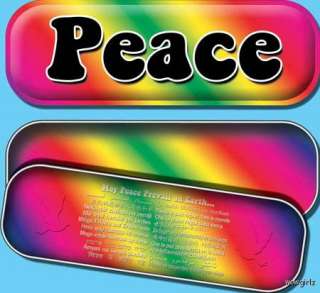 PENCIL TIN   PEACE SIGN   RAINBOW COLORED WORD PEACE  