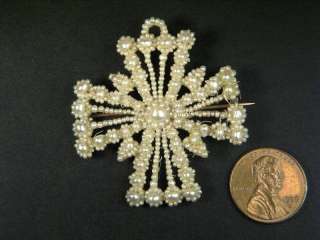 ANTIQUE GOLD SEED PEARL CROSS BROOCH PIN c1830  