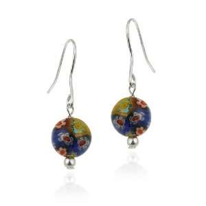   Murano Style Millefiori Glass Multi Color Beaded Dangle Earrings
