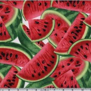  45 Wide Fresh Watermelon Tossed White Fabric By The Yard 