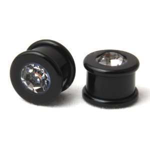   Pair of Black Acrylic Ear Plugs with Clear CZ Stone   7/16 Jewelry