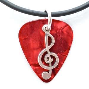  Guitar Pick Necklace with Music Clef Note Charm on Red 