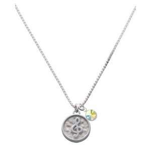 Music Clef   Round Seal Charm Necklace with AB Swarovski Crystal Drop 