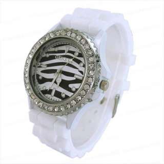 Zebra Animal Stripe Face Soft Silcone Crystal Wrist Watch Unisex Multi 