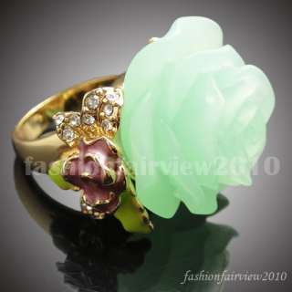 Green Rose Yellow Gold GP Enamel Leaf Swarovski Crystals Cocktail Ring 