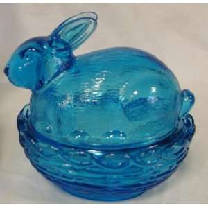  4 Country Blue Glass Bunny on Wooven Nest Covered Dish 