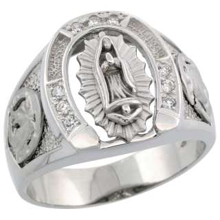 Sterling Silver Mens Horse Shoe Immaculate Heart of Mary Ring w 