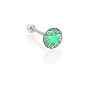 14g 5/8 Silver Glitter with GREEN STAR Straight Tongue Barbell 14g 5 