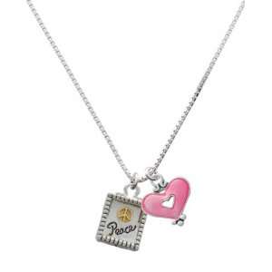   Peace with Gold Peace Sign and Trasnlucent Pink Heart Charm Necklace