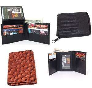 Mens Leather Wallets Snake or Ostrich Prints 3 Styles Trifold Passcase 
