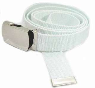 Mens White Military Canvas Web Belt Silver Buckle  