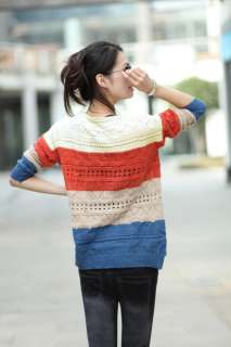 Fashion Lady Loose Scoop Neck Casual Color Stripes Jumper Sweater 