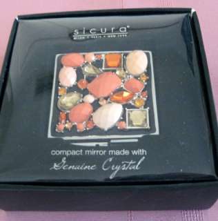 ITALY Crystals/CORAL/AMBER Stone Covered COMPACT MIRROR~Hand/Pocket 