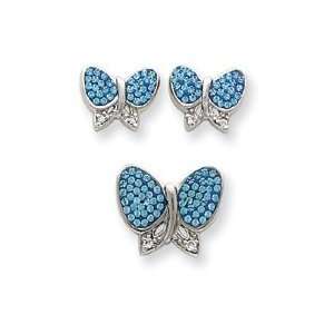   Silver Blue Crystal Butterfly Earrings and Pendant Set Jewelry