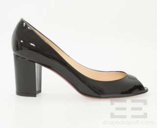   Louboutin Black Patent Leather Peep Toe Stacked Heels Sz 40 NEW In Box