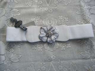 Womens White Stretch Belt With Decorative Metal And Crystal Buckle 
