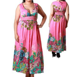 Plus Size V Neck Beads Cotton Sun Dress Pink 1X 2X 3X  
