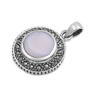  Sterling Silver & Mother of Pearl Full Moon Marcasite Pendant Jewelry