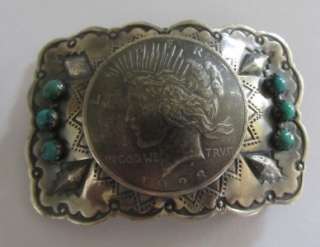   Buffalo Dancer Peace Dollar Sterling Silver Turquoise Belt Buckle