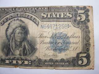 1899 $5 SILVER CERTIFICATE LARGE NOTE INDIAN CHIEF  