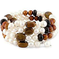 Pearl, Tigers Eye and Onyx Bead Coil Bracelet (6.5 7.5 mm 