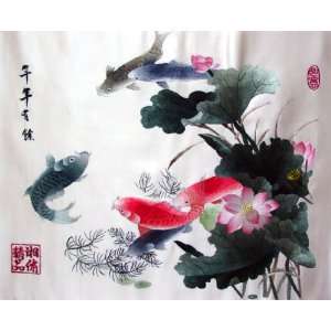Chinese Hunan Silk Embroidery 6 Fish Koi Flower