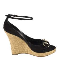 Gucci Black Suede Peep Toe Wedge Shoes  