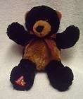   Soft Black Brown Plush Bear, 9 Tall, Wearing Black/Red Plaid Bow