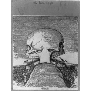 Verdun,political cartoon,1916,2 sided skull swallowing French & German 