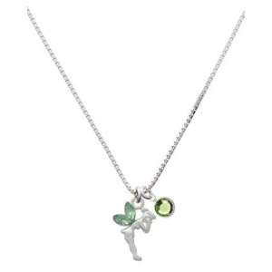 Small Silver Fairy with Peridot Green Resin Wings Charm Necklace with 