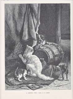 BOSTON TERRIER DOG PLAYING WITH CAT & KITTENS ANTIQUE PRINT 1878 