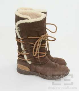 Ugg Dark Brown Suede Shearling Lace Up Boots Size US 6  