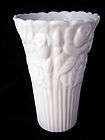 Scalloped White Ceramic 6 Vase with Raised Rose Design NEW