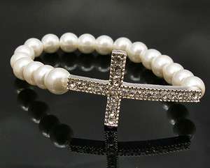   Pearl Bridal Bracelet Chain With Crystal Cross Elastic Wedding  