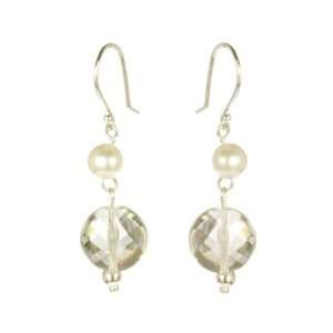 Faceted Crystal Disk with White Pearl Drop Earrings
