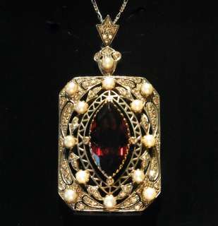 Large Vintage Diamond, Pearl & Garnet Edwardian Necklace Pendant 18K 